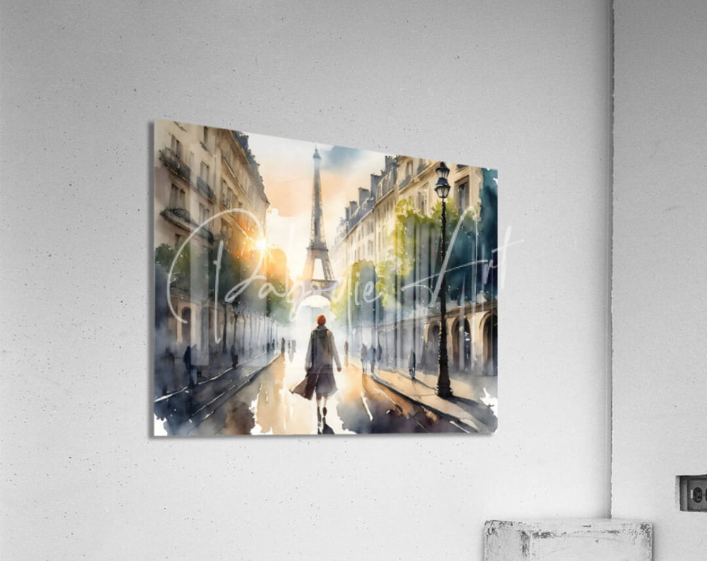 Walking the streets of Paris acrylic print featuring a watercolor Parisian street scene with the Eiffel Tower in blues and golds