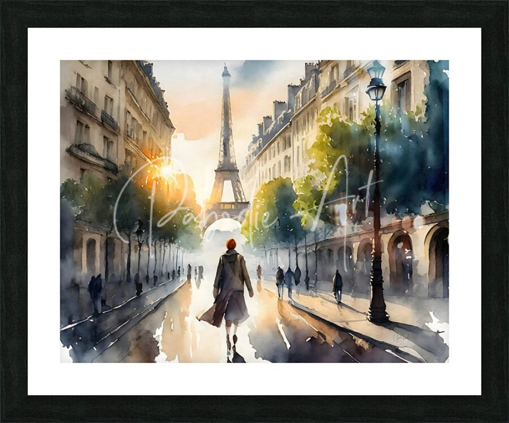 Watercolor painting titled walking the streets of paris featuring a paris street scene with the eiffel tower framed in black