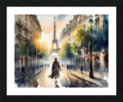 Watercolor painting titled walking the streets of paris featuring a paris street scene with the eiffel tower framed in black