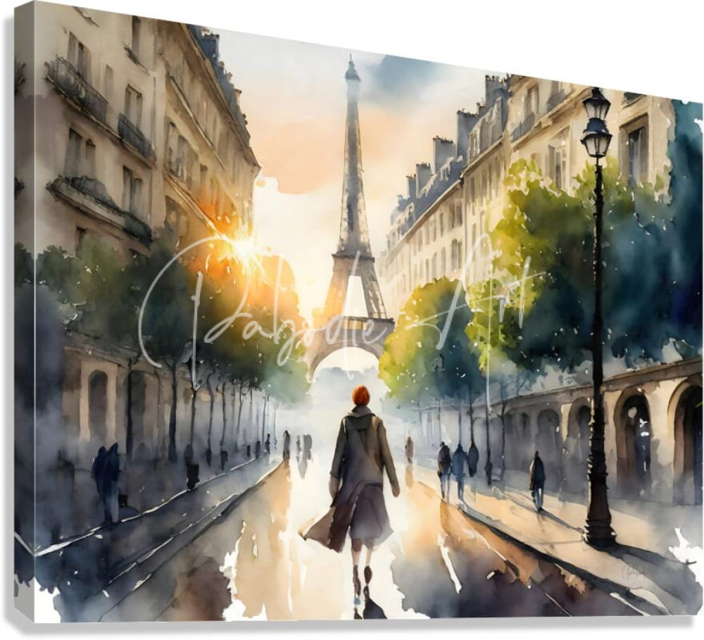 Watercolor canvas print of eiffel tower at sunset with a lone figure walking down a wet paris street