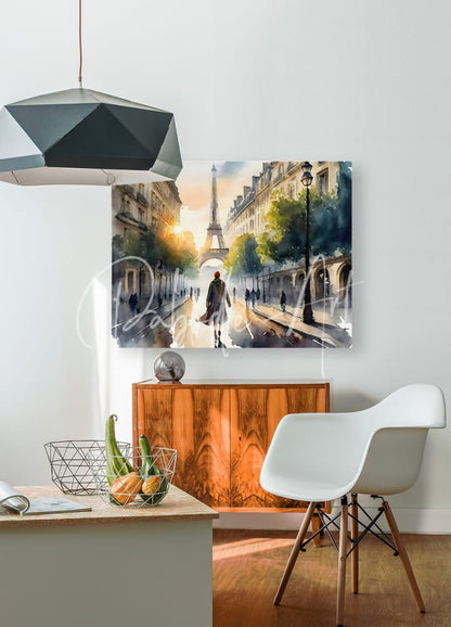 Watercolor painting on canvas of parisian street scene with eiffel tower in soft blues and warm golden hues titled walking the streets of paris