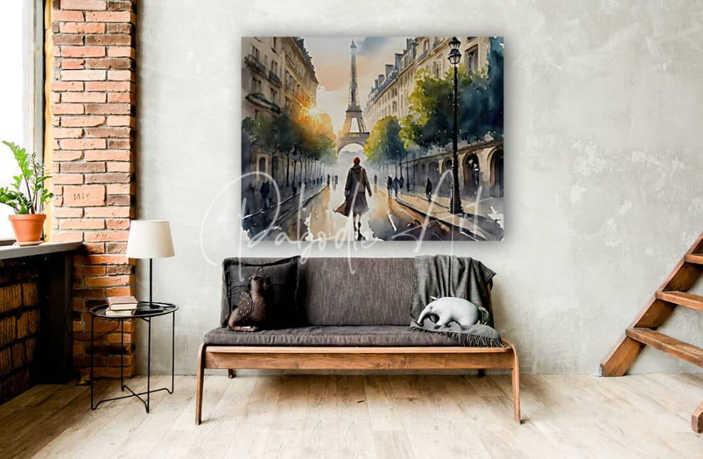 Walking the streets of paris watercolor painting on canvas featuring eiffel tower in soft blues and warm golden hues