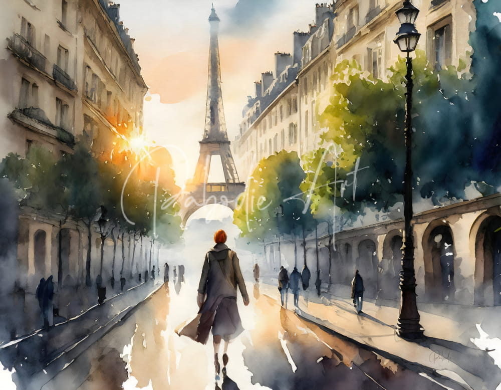 A watercolor painting titled walking the streets of paris showing a person with orange hair walking toward the eiffel tower