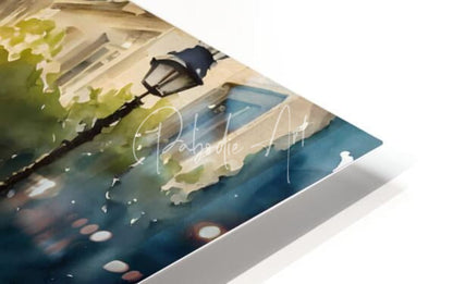 Watercolor painting on white acrylic float featuring vintage streetlamp and paris street scene with calm water and foliage