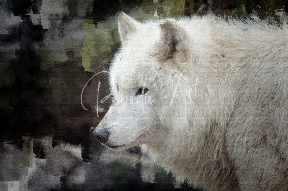 A white wolf figurine with thick fluffy fur and a dark nose featured in the product titled the white wolf
