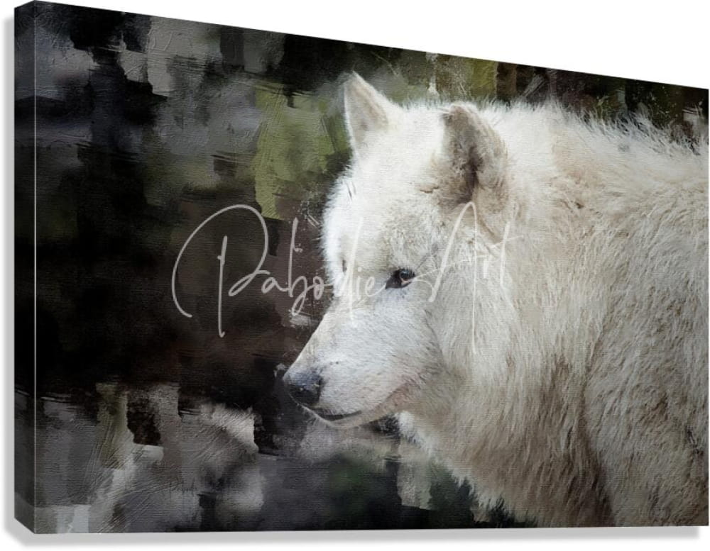 The white wolf is a canvas print featuring a white arctic wolf with a textured painterly background