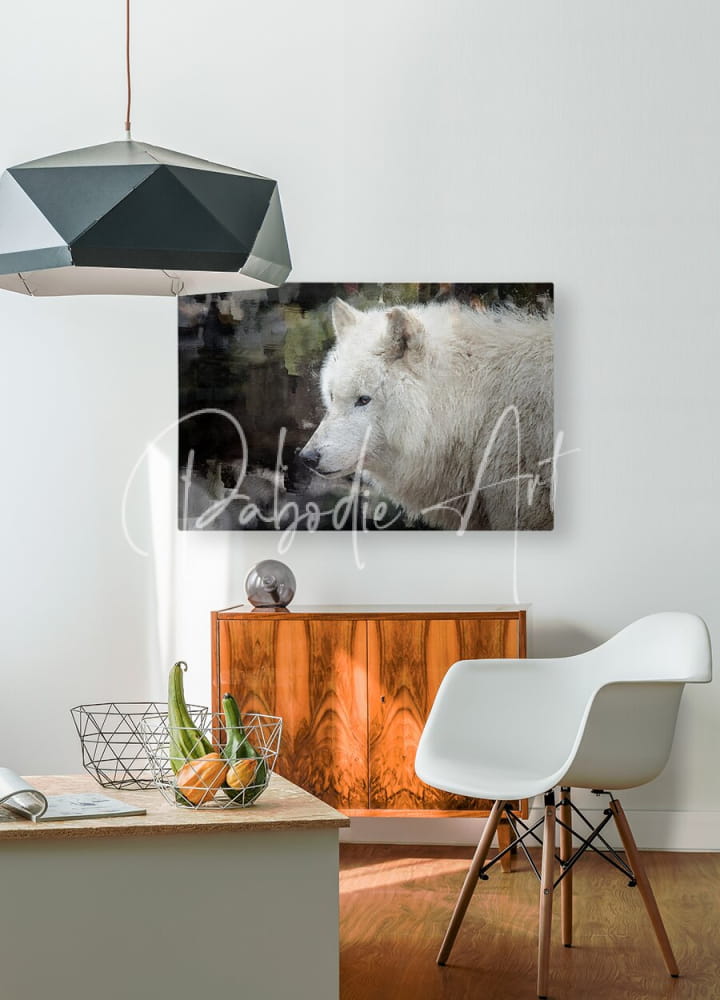 White wolf portrait canvas print in neutral colors hanging on the wall titled the white wolf for home decor