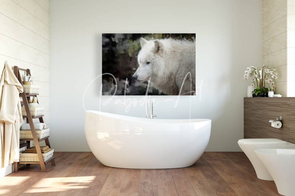 White wolf portrait canvas wall art featuring a detailed white wolf illustration for home decor