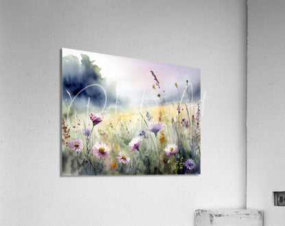 Watercolor painting of a pastel meadow with wildflowers mounted on acrylic panel titled where the wildflowers grow