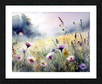 Watercolor painting of a meadow with soft purple pink and white wildflowers in a black frame titled Where The Wildflowers Grow