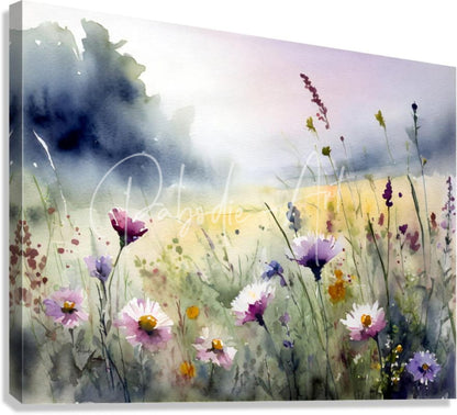 Watercolor painting on canvas titled where the wildflowers grow featuring a meadow with pink purple and white wildflowers