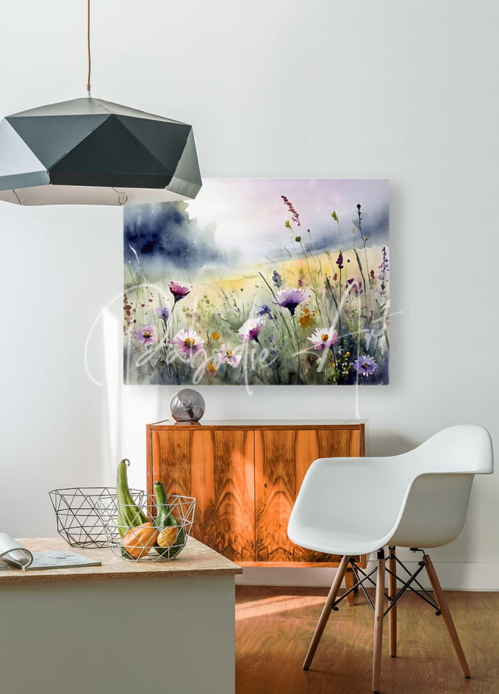 Watercolor painting of a field with purple and yellow wildflowers titled where the wildflowers grow hanging on the wall
