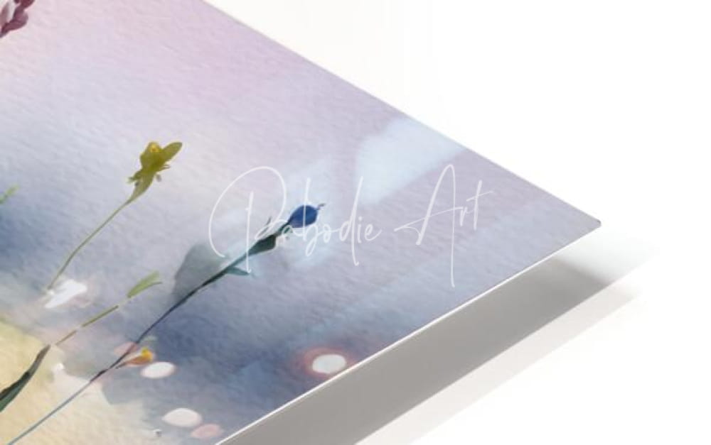 Where the wildflowers grow soft pastel watercolor print with delicate flowers and subtle bird in white acrylic frame