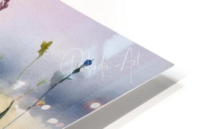 Where the wildflowers grow soft pastel watercolor print with delicate flowers and subtle bird in white acrylic frame