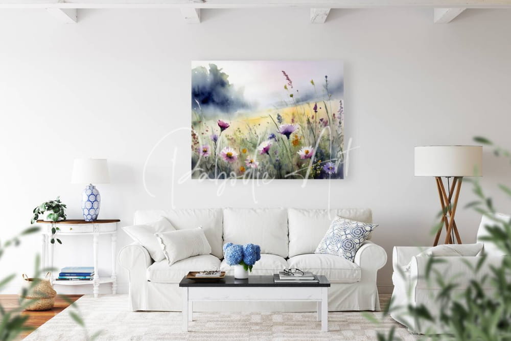 Watercolor painting titled where the wildflowers grow featuring a meadow with pastel wildflowers hanging on a wall
