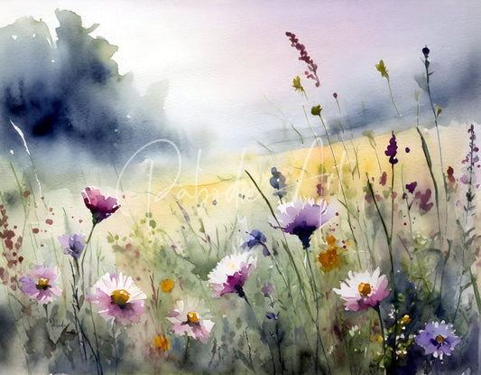A watercolor painting titled where the wildflowers grow featuring a meadow of soft pink purple and white wildflowers