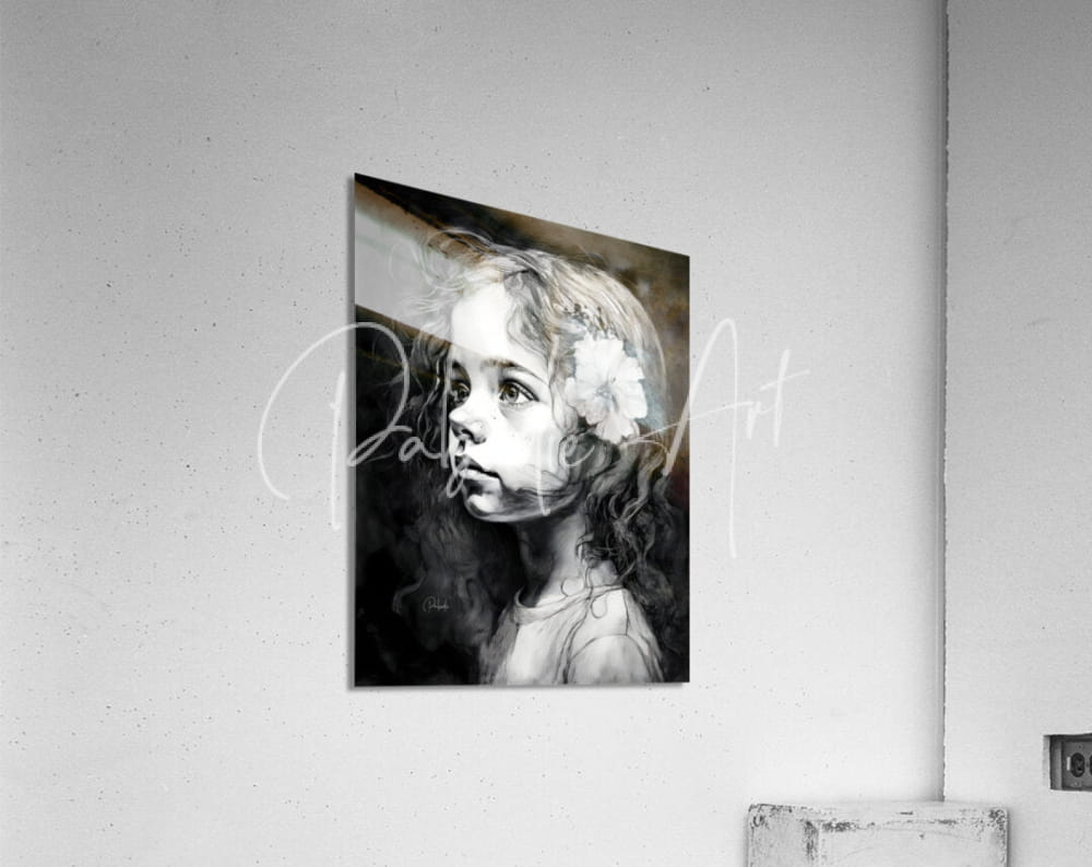 Black-and-white portrait painting of a young girl with curly hair and white flower on acrylic print titled Windswept curls