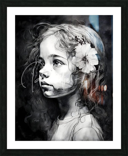 A framed black and white ink and watercolor portrait of a young girl with windswept curls and a white flower