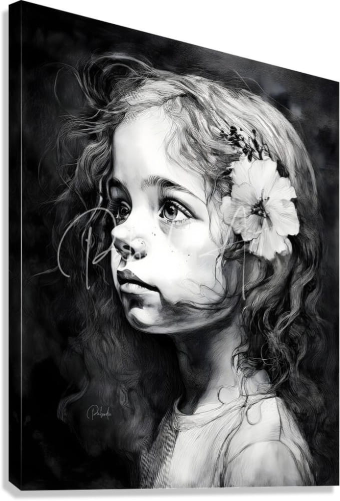 Black and white canvas print windswept curls featuring a detailed portrait of a young girl with curly hair and flower