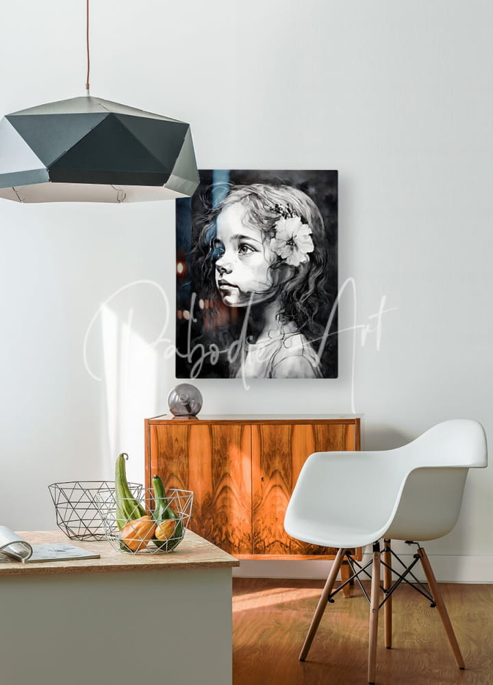 Black and white canvas portrait of a young girl with curly hair and white flower titled windswept curls mounted above wood cabinet