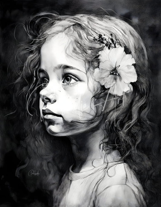 A delicate black and white pencil drawing of a young girl with windswept curls and a white flower in her hair