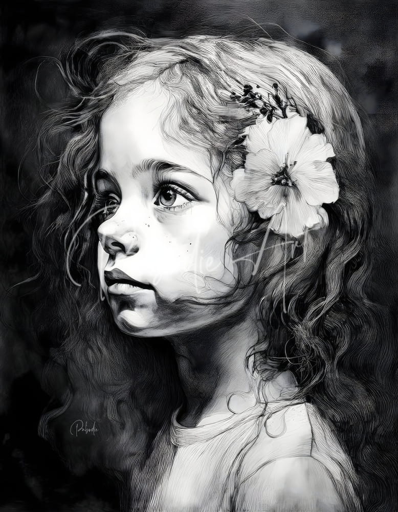 A delicate black-and-white pencil drawing of a young girl with curly hair and a white flower titled windswept curls