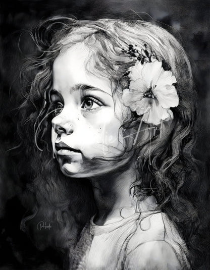 A delicate black-and-white pencil drawing of a young girl with curly hair and a white flower titled windswept curls