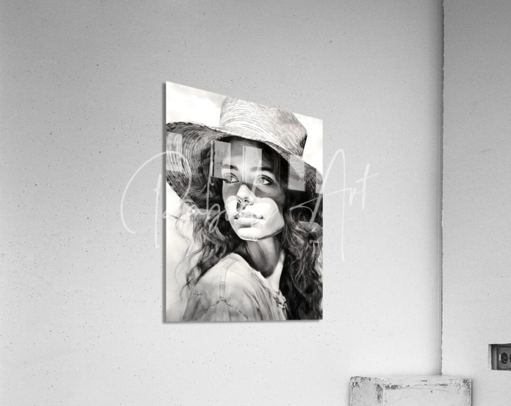 Black-and-white portrait art print titled A Womans Casual Glance of a woman in a wide-brimmed hat on acrylic panel