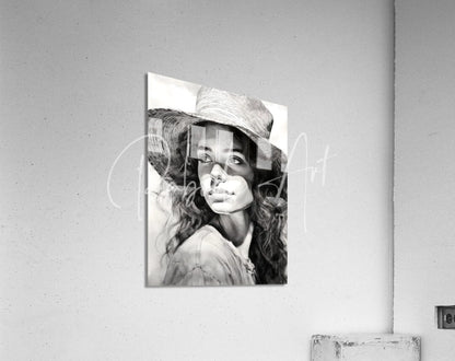 Black-and-white portrait art print titled A Womans Casual Glance of a woman in a wide-brimmed hat on acrylic panel