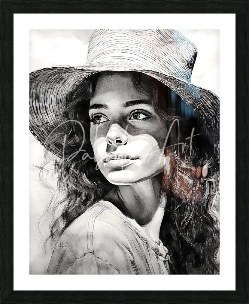 A detailed black and white portrait of a woman wearing a wide-brimmed straw hat framed in a sleek black frame titled a womans casual glance