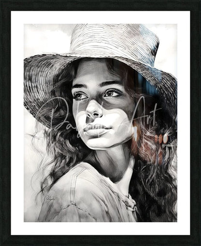 A detailed black and white portrait of a woman wearing a wide-brimmed straw hat framed in a sleek black frame titled a womans casual glance