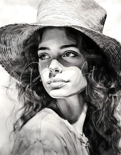 A womans casual glance black and white pencil sketch of a woman wearing a wide-brimmed straw hat with woven texture