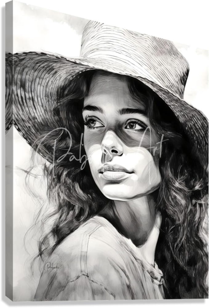 Black and white canvas painting of a woman wearing a wide brimmed straw hat titled a womans casual glance