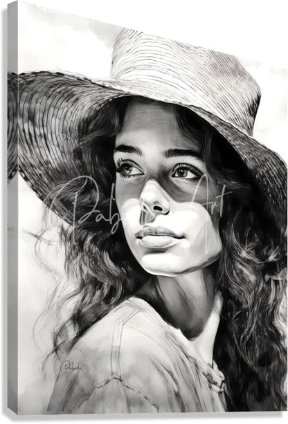 Black and white canvas painting of a woman wearing a wide brimmed straw hat titled a womans casual glance