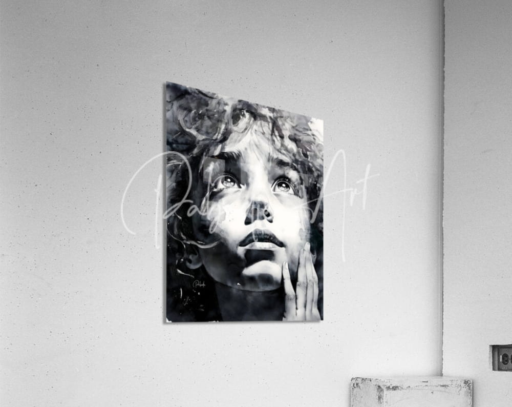 Black-and-white acrylic print titled wondering of a child with curly hair and hand near cheek mounted on wall