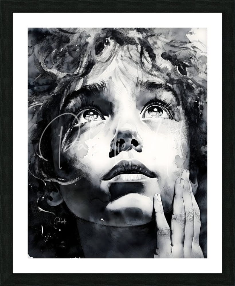 Black-and-white watercolor portrait of a child with curly hair and expressive eyes framed in a sleek black frame titled Wondering