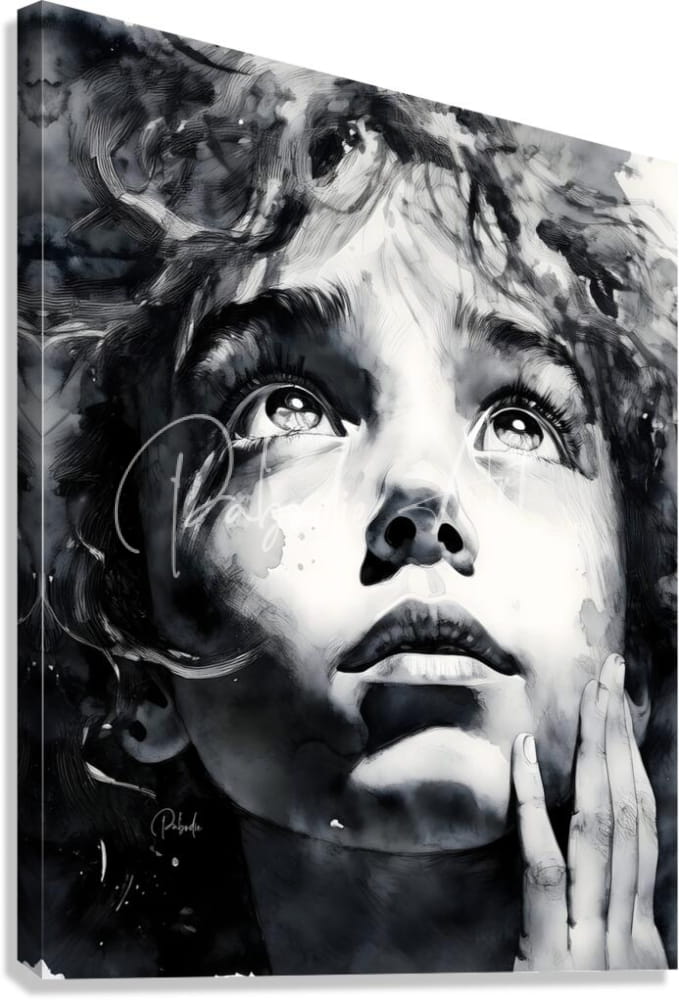 Black-and-white canvas print titled Wondering featuring a stylized portrait with curly hair and expressive eyes signed by artist