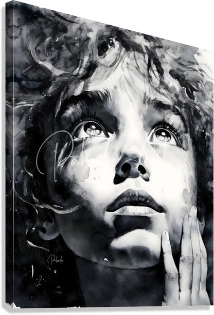 Black-and-white canvas print titled Wondering featuring a stylized portrait with curly hair and expressive eyes signed by artist