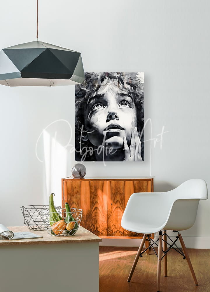 Black-and-white canvas print titled Wondering featuring a child’s face with curly hair and hands near cheeks mounted on wall