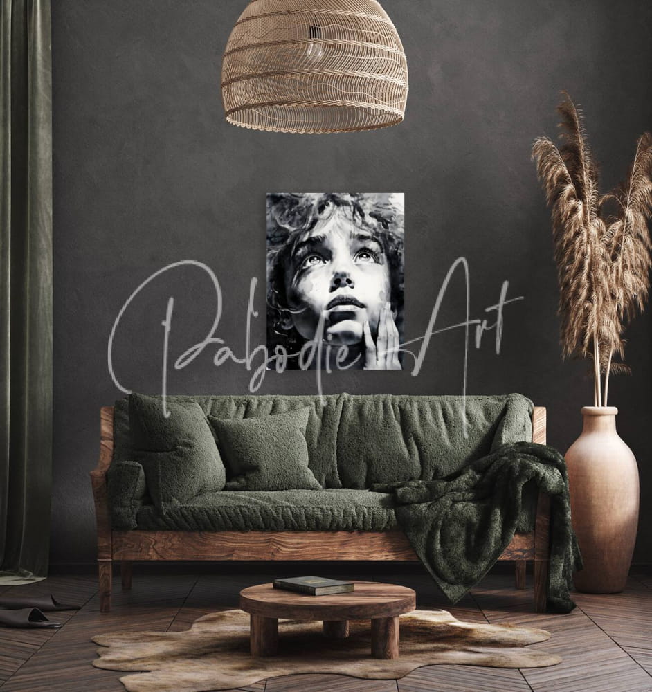 Black and white canvas portrait of a young girl with curly hair hands near face titled wondering on dark wall