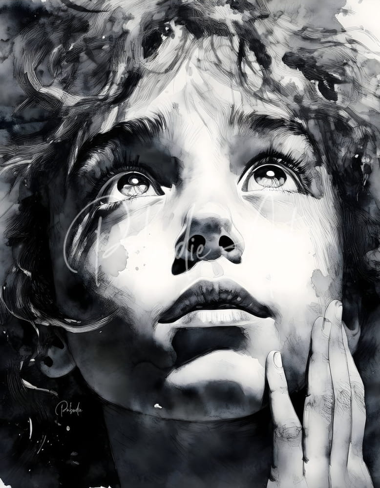 Wondering black and white watercolor portrait of a young person with expressive eyes and curly hair in soft brushstrokes