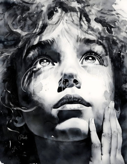 Wondering black and white watercolor portrait of a young person with expressive eyes and curly hair in soft brushstrokes