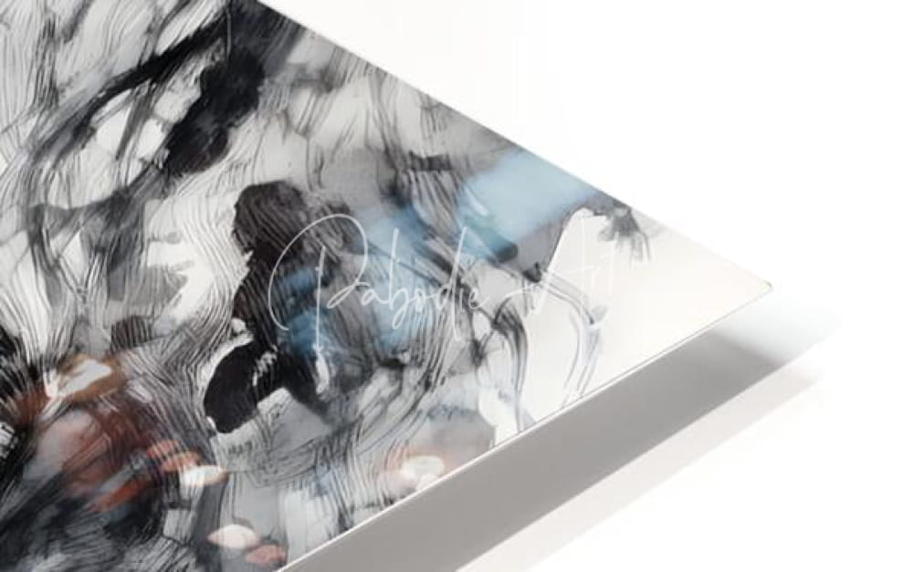 Abstract black white and blue ink wash artwork titled Wondering on sleek acrylic print with silver pabodie signature