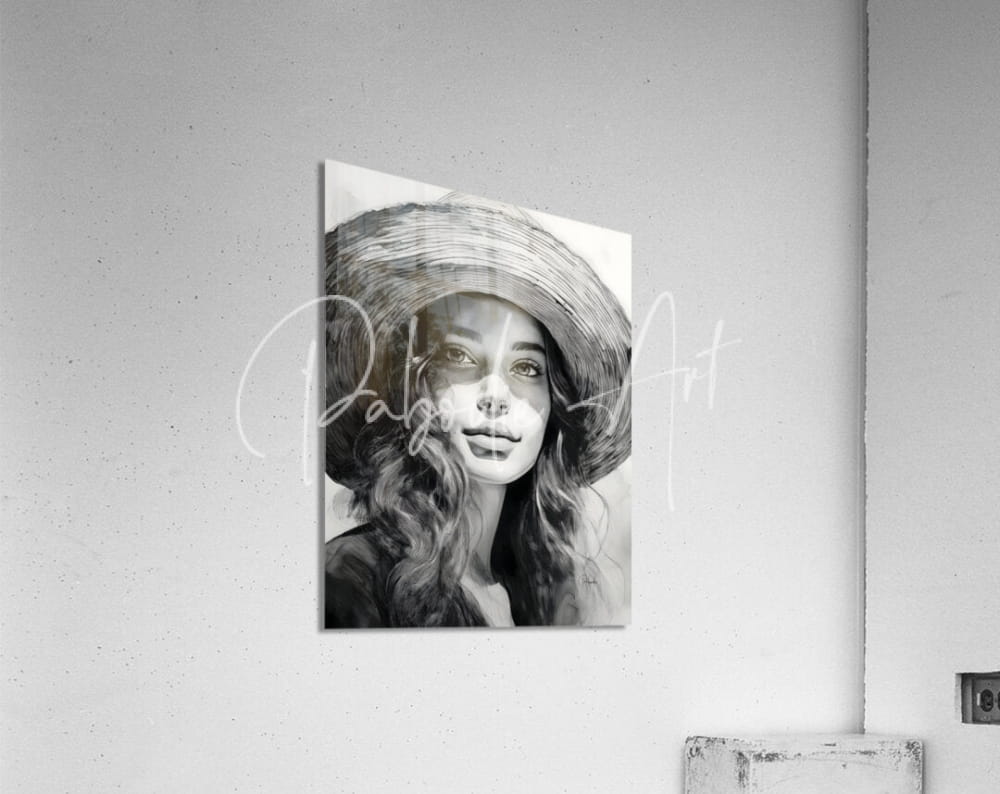 A black-and-white portrait print of a woman wearing a wide-brimmed hat mounted on acrylic titled a young beauty