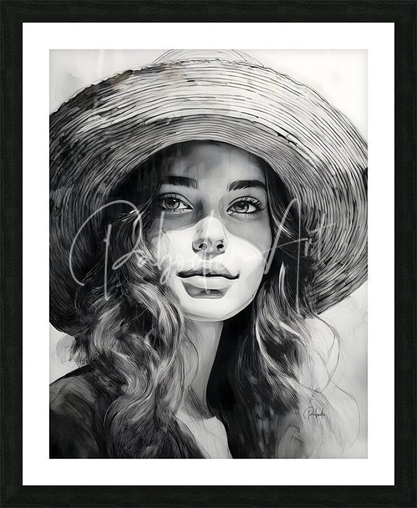 A black-and-white framed portrait titled a young beauty featuring a woman wearing a wide-brimmed straw hat