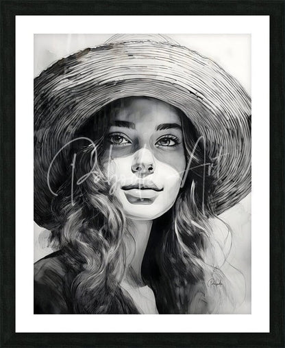 A black-and-white framed portrait titled a young beauty featuring a woman wearing a wide-brimmed straw hat