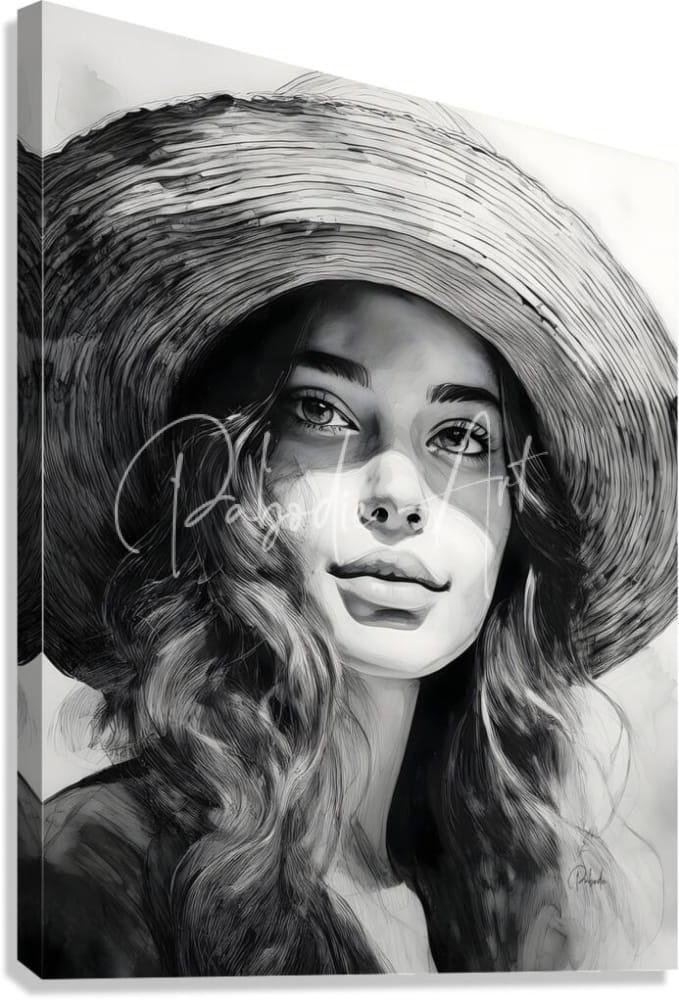 Black-and-white canvas print of a young woman wearing a wide-brimmed hat titled a young beauty