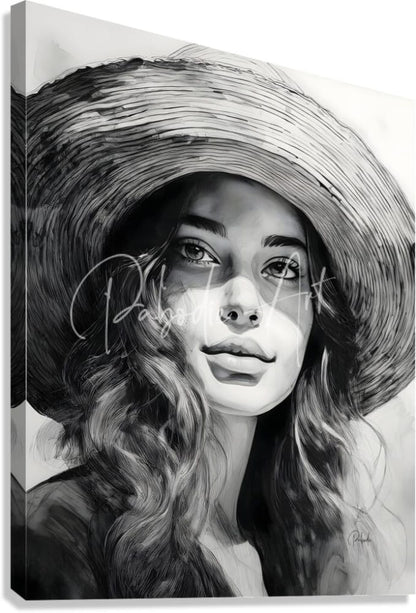 Black-and-white canvas print of a young woman wearing a wide-brimmed hat titled a young beauty