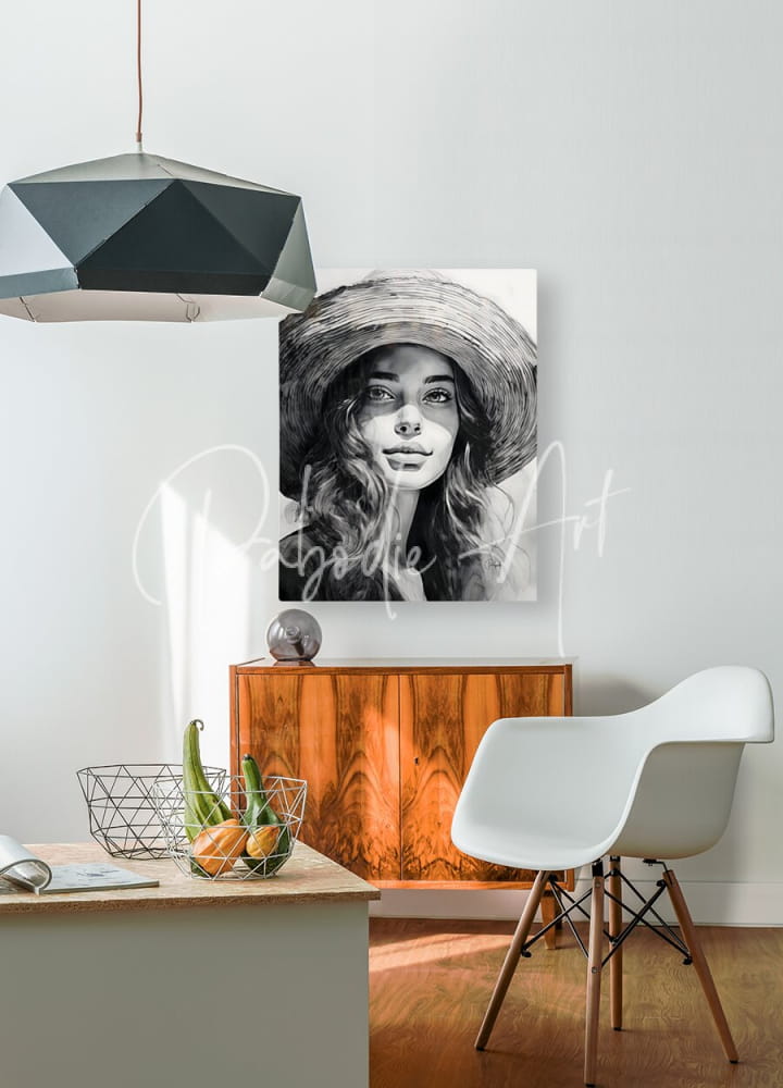 Black-and-white portrait canvas of a young woman wearing a wide-brimmed hat titled a young beauty