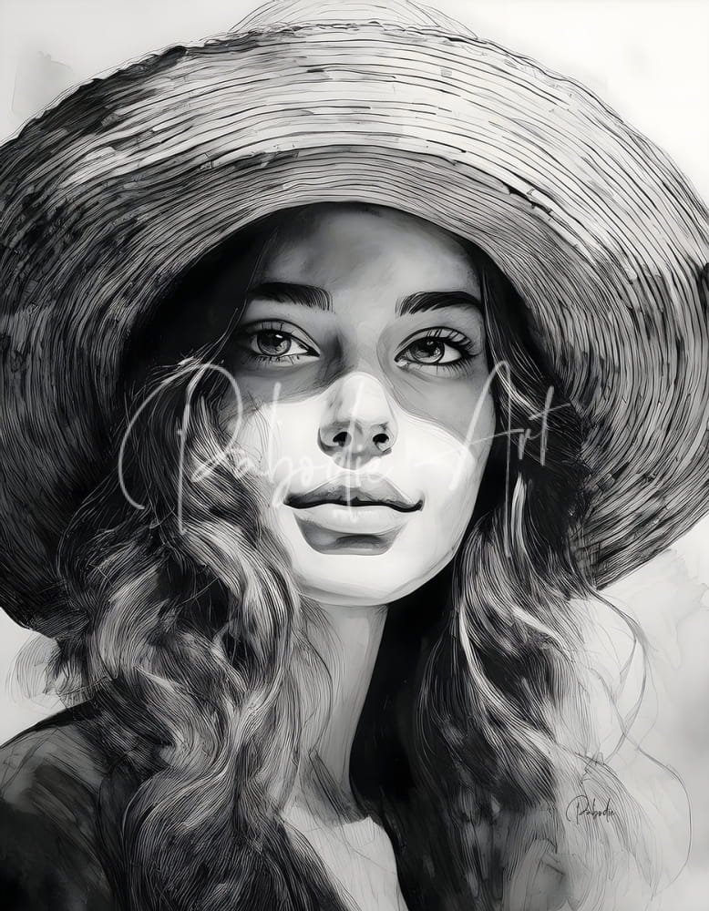A detailed black-and-white sketch of a woman wearing a wide-brimmed straw hat with intricate woven texture for a young beauty product